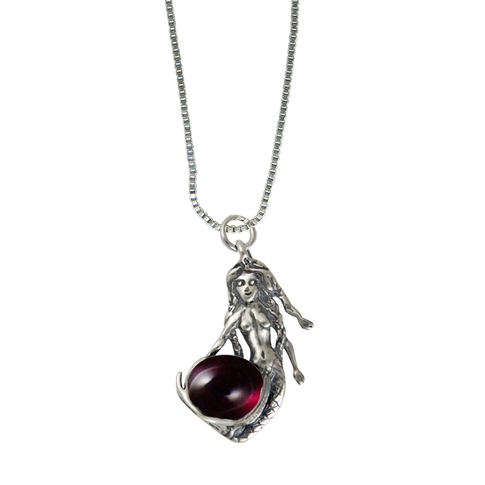 Sterling Silver Mermaid of the Seven Seas Pendant With Garnet
